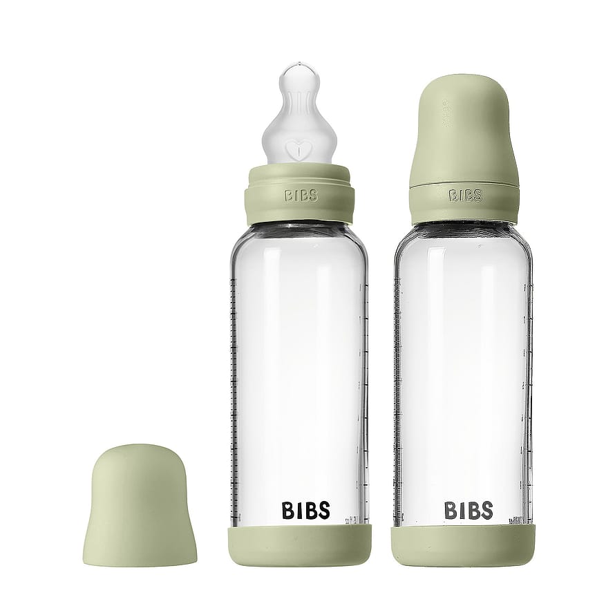 BIBS Glass Baby Bottle Round Silicone 2-Pak Sage 240 ml Medium Flow