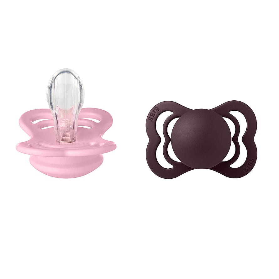BIBS Pacifier Supreme Baby Pink/Plum 2-Pak Silicone Size 1