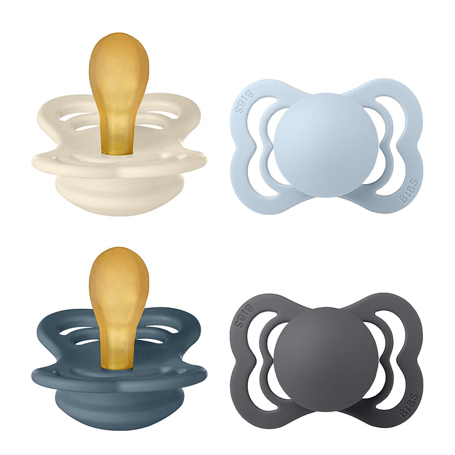 BIBS Supreme Silikone Sutter - 4-pak Ivory/Baby Blue/Petrol/Iron Str. 1