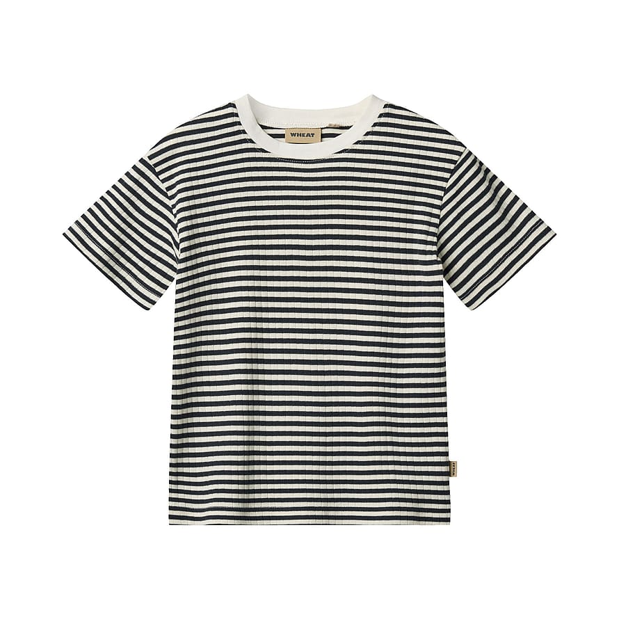 WHEAT T-Shirt Short Sleeve Navy Rib Stripe Str 122/7 år