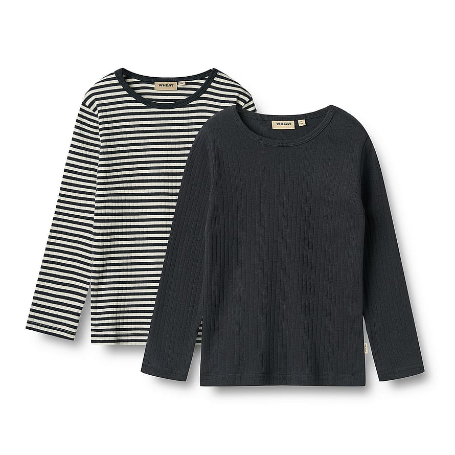 WHEAT Rib T-Shirt Long Sleeve Stig 2-pak Navy Rib Stripe Str 122/7 år