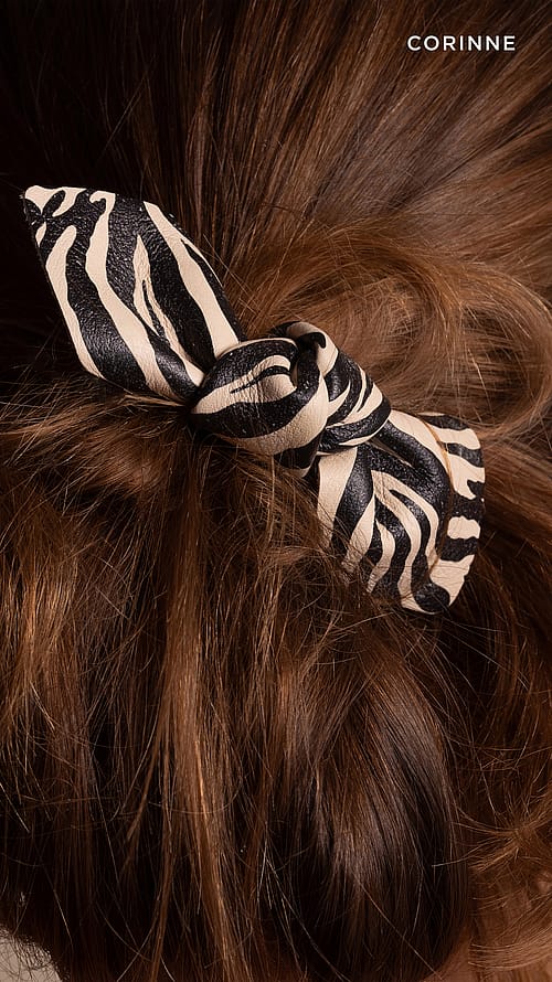 CORINNE Leather Bow Hair Tie Big and Small 2-pack Zebra