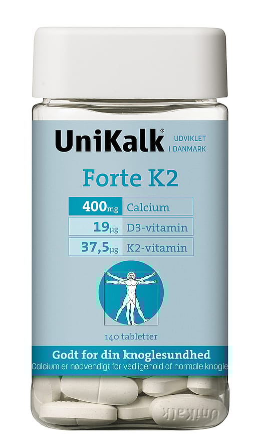 Unikalk Forte K2 - Kalk 400 mg, K2 37,5 µg og D-vitamin 19 µg 140 tabl