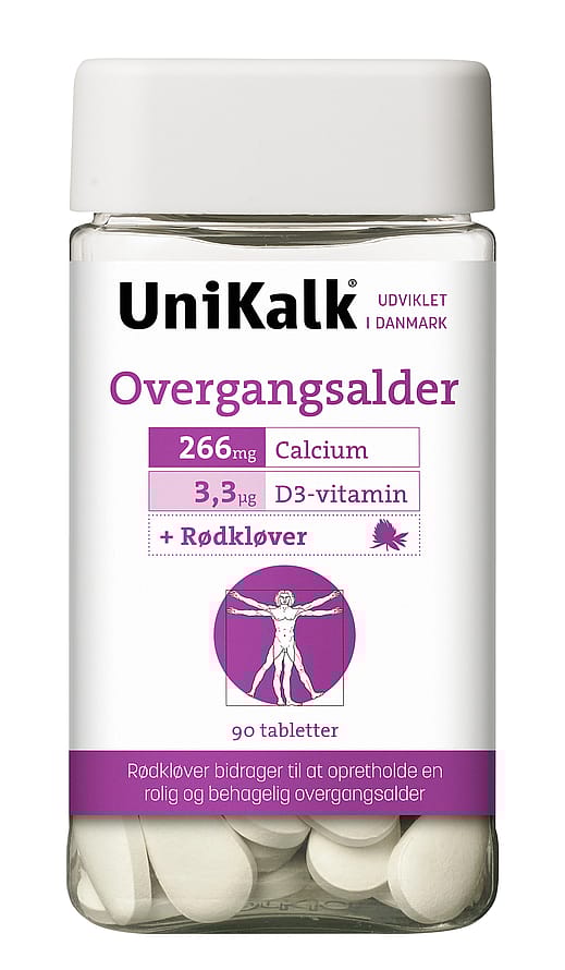 Unikalk Overgangsalder - Kalk 266 mg, D-vitamin 3,3 µg + Rødkløver 90 tabl.