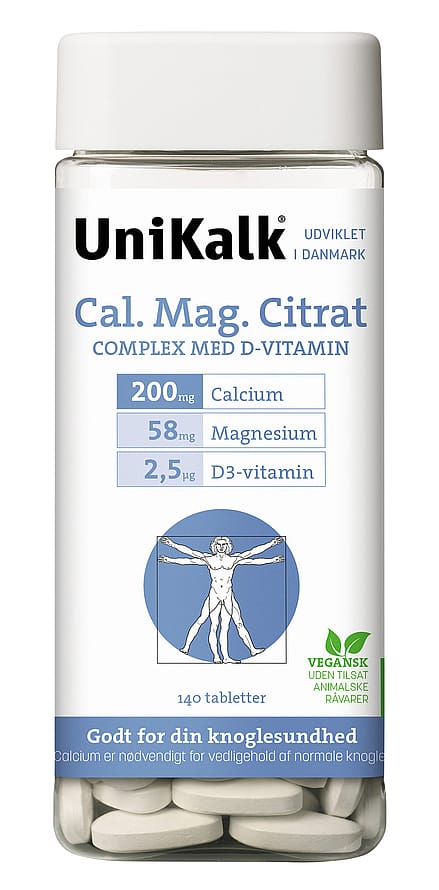 Unikalk Cal. Mag Citrat - Kalk 200 mg, Magnesium 58 mg og D-vitamin 2,5 µg 140 stk