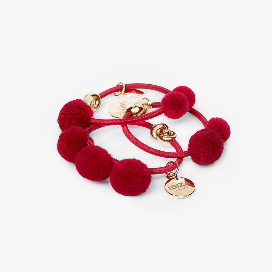 Corinne Hairtie Pompom "Ibiza" 3-Pack Red