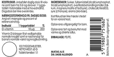 Matas Striber D-vitamin 10 µg Tygbar 100 tyggetabl.