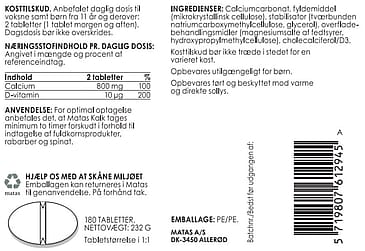 Matas Striber Kalk 400 mg +D-vitamin 5 µg 180 tabl
