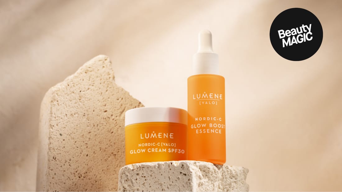 Hudpleieprodukter fra Lumene Nordic-C mot en lys bakgrunn. Tekst: «Beauty MAGIC.»