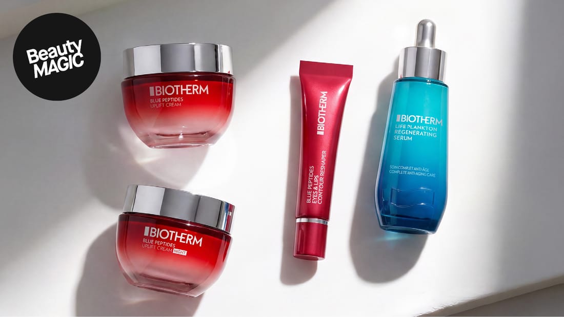 Hudvårdsprodukter från Biotherm Blue Peptides- och Life Plankton-serierna. Text: ”Beauty MAGIC.”