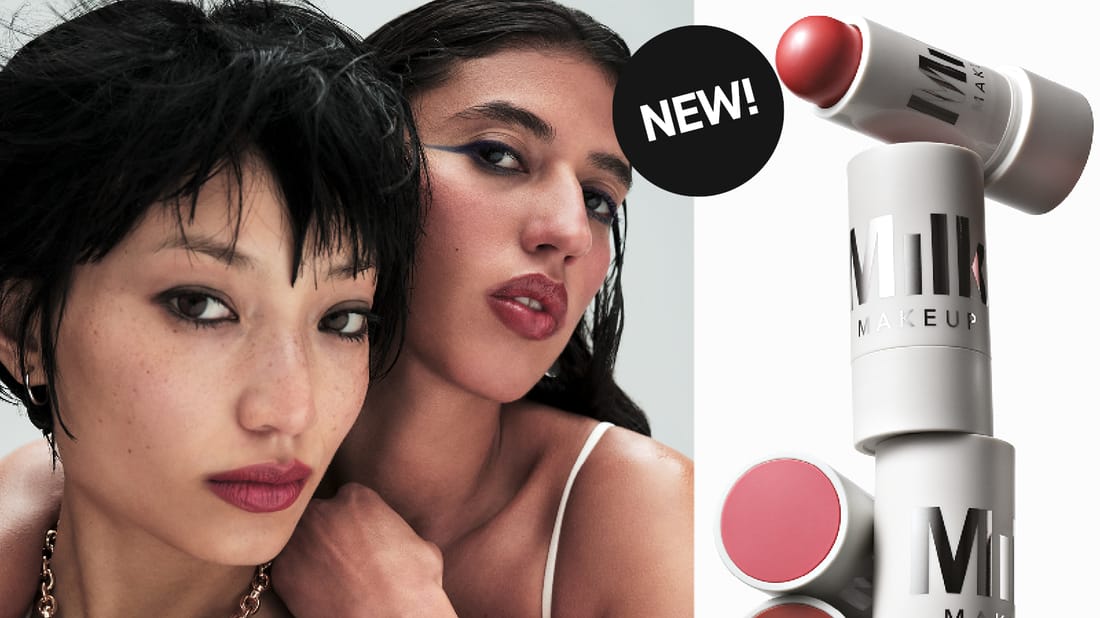 Två modeller och rougestift från MILK Makeup i olika nyanser. Text: ”NEW!”
