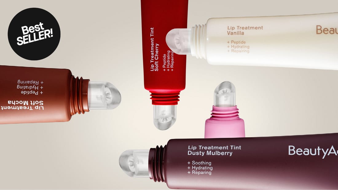 BeautyAct Lip Treatment-läpprodukter i olika nyanser. Text: ”Best SELLER!”