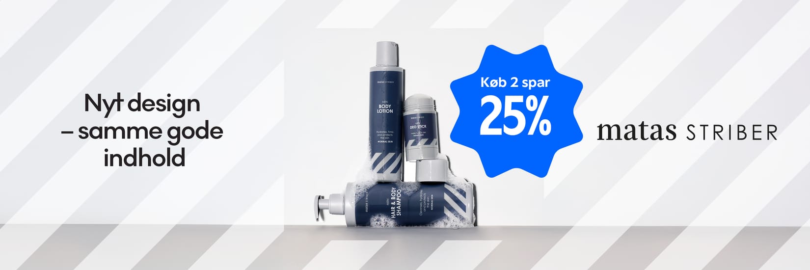Her ses Matas Striber Men Hair & Body Shampoo, Body Lotion og Deo Stick på en lys baggrund med en blå kampagnemarkering.