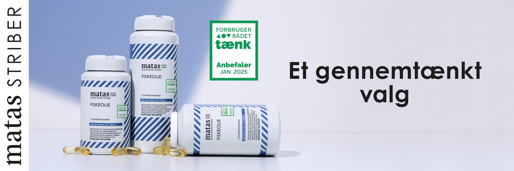 Her ses Matas Striber Fiskeolie med Tænk Anbefaler-mærkning på en lys baggrund.