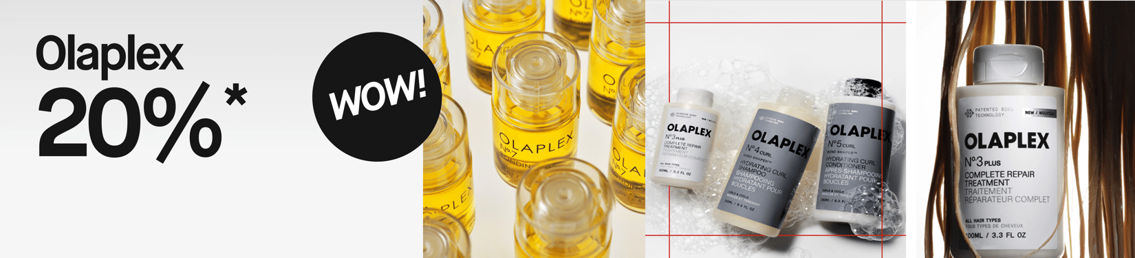 Olaplex No.7 Bonding Oil-håroljor mot vit bakgrund. Bilden innehåller texterna ”Olaplex 20 %” och ”WOW!”.