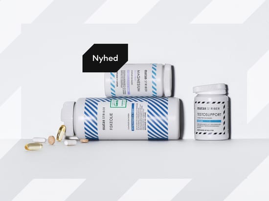 Matas Striber Magnesium, Fiskeolie og Testosupport på hvid baggrund med enkelte kapsler foran. Sort mærke med teksten “Nyhed”.