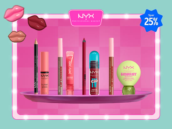 Her ses otte læbeprodukter fra NYX Professional Makeup på en lyserød baggrund. Tekst på billedet: “NYX Professional Makeup” og “Spar 25%”.