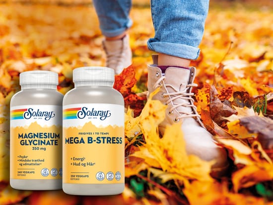 Solaray Magnesium Glycinate og Mega B-Stress foran efterårsblade og en person i støvler. Tekst: “Gyldne dage 25 %”.