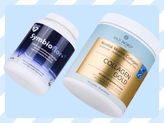 To kosttilskud på lyseblå baggrund: Symbioflor+ med mælkesyrebakterier til venstre og Vild Nord Collagen Gold med marint kollagen til højre.