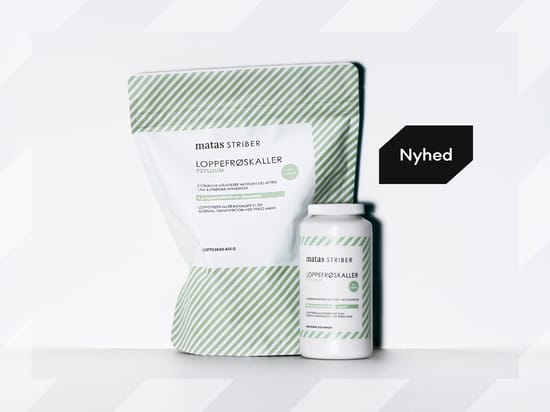 Matas Striber Loppefrøskaller i stor pose og hvid beholder med grønstribet design på lys baggrund. Sort mærkat med teksten “Nyhed”.