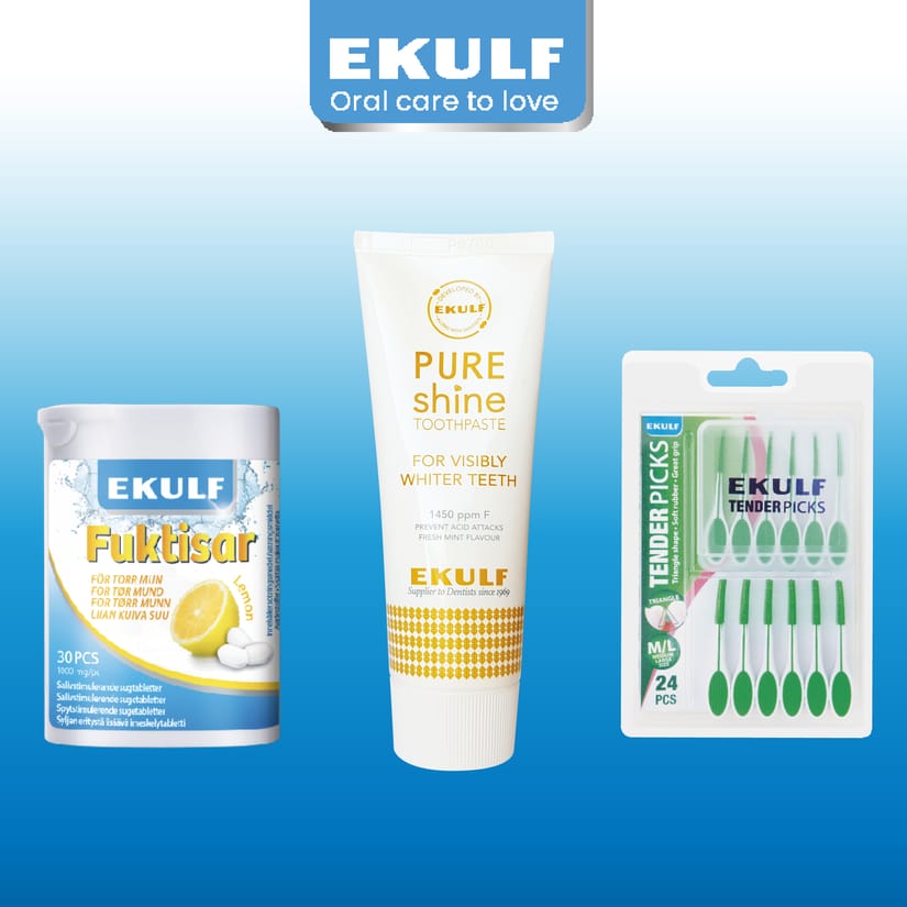 Sortiment af EKULF-mundpleje med tandpasta, tandtråd, mellemrumsbørster, fugtisar, tandstikkere og universal-bideskinne.