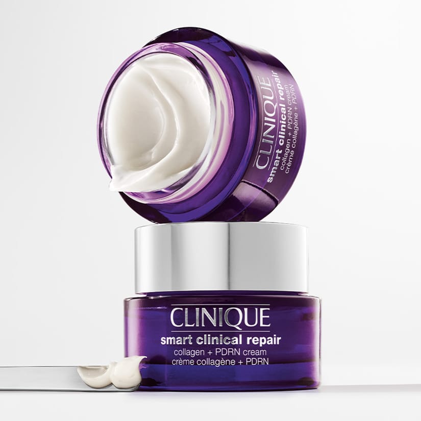 Clinique Smart Clinical Repair Collagen + PDRN-ansiktskrämer mot en ljus bakgrund.