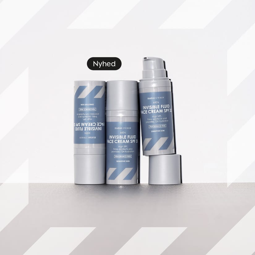Her ses Matas Striber Men Invisible Fluid Face Cream SPF 30 i grå og blå emballage på en lys baggrund med teksten "Nyhed".